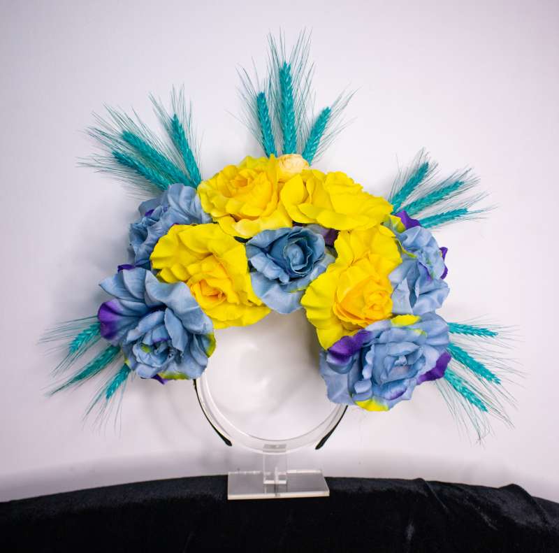 Обруч вінок синьо-жовтрий з трояндами